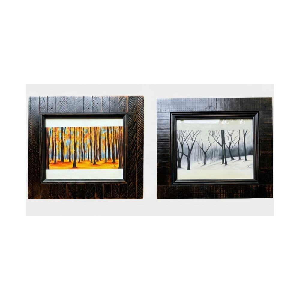 Framed Cabin Forest Prints Set of 2 Autumn Winter 12x17 Rustic Lodge Decor